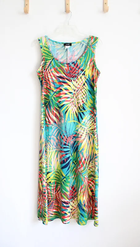 MSK Bright Multi-Colored Leaf Patterned Dress | L Tunics Practical easy-care