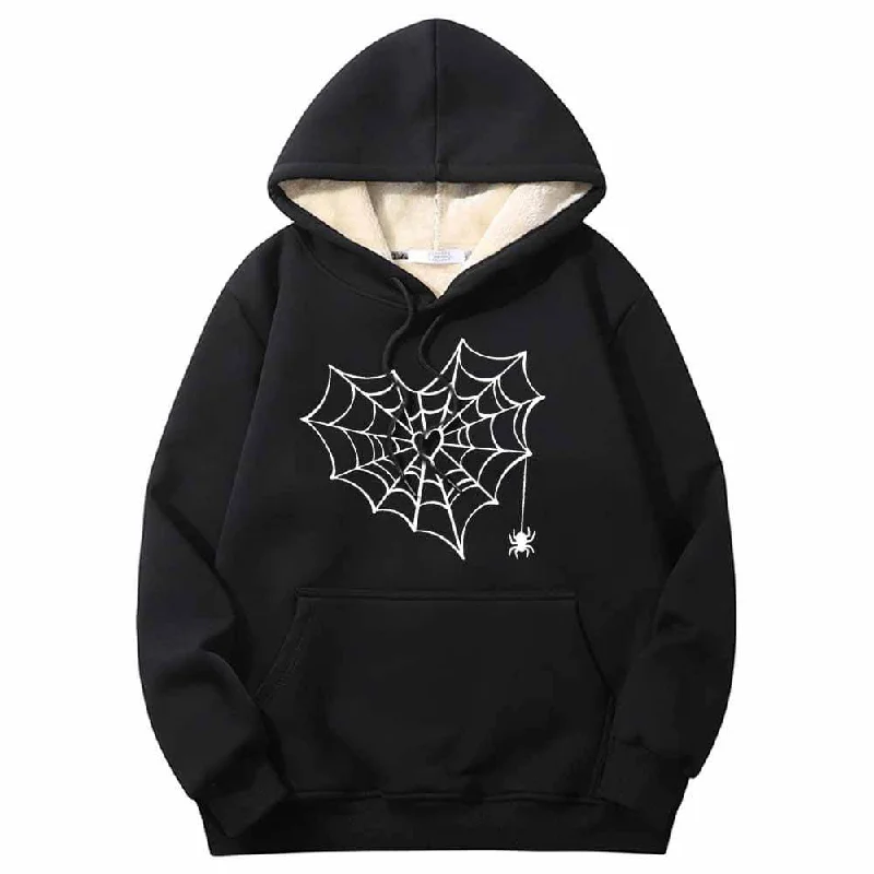 Heart Spiderweb Pattern Warm Fleece Sherpa Lined Hoodie Hoodie with Mesh Breathable Sporty