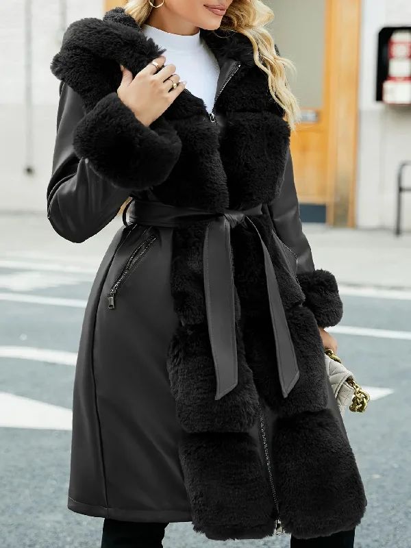 Elegant Women's Faux Fur-Lined Faux Leather Hooded Jacket Winter Denim Jacket Leather Jacket Suede Jacket
