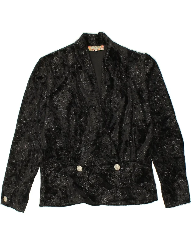 VINTAGE Womens Double Breasted Blazer Jacket UK 14 Medium Black Polyamide Collared Jacket Crew Neck Jacket Turtle Neck Jacket