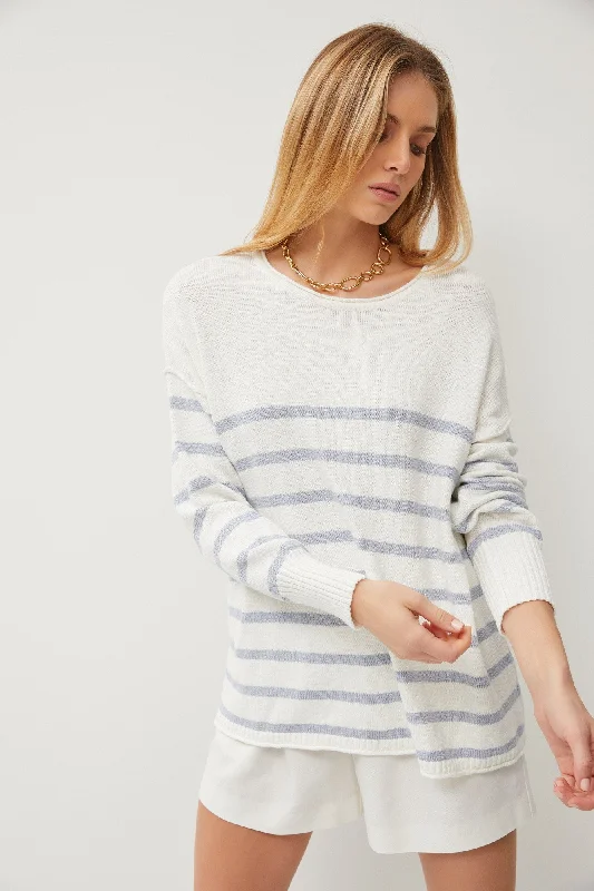 Blue Striped Cuff Sweater Solid Color Striped Floral Print