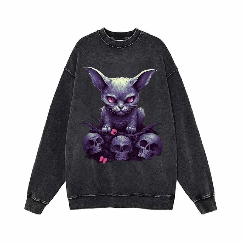 Gothic Kitten And Skeleton Vintage Washed Sweatshirt Hoodie with Drawstring Waist Adjustable Fitted