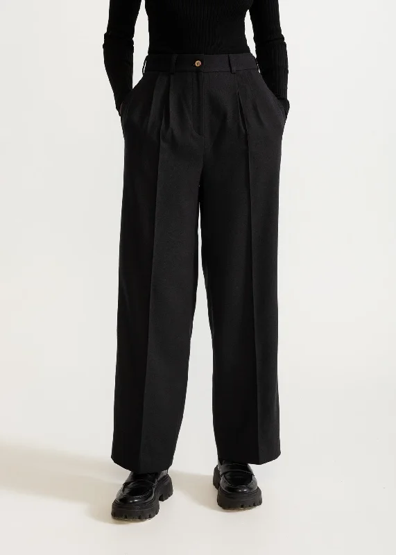 Women's Figa Wool Herringbone Wool Bootcut Pants  Black Wide-Legged Palazzos