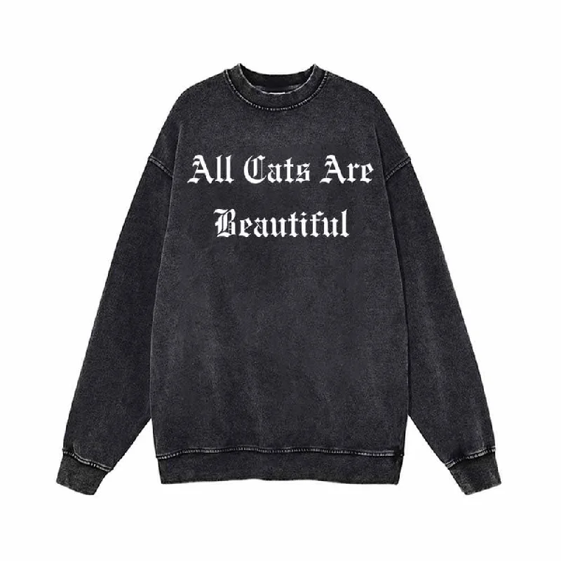 Goth All Cats Are Beautiful Vintage Washed Sweatshirt Hoodie with Front Slit Layering Stylish