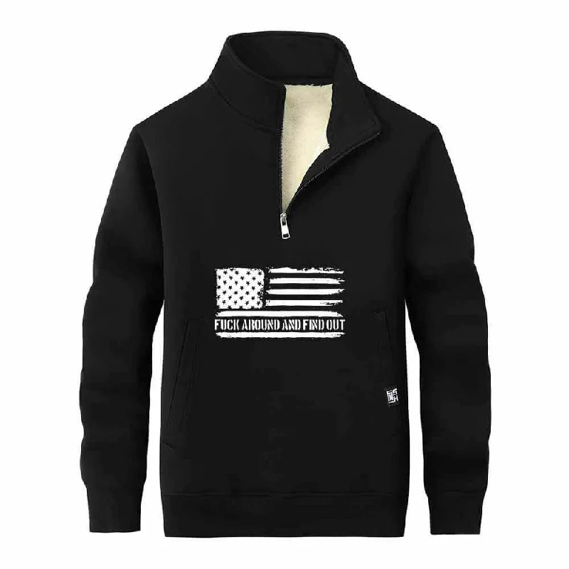 Fuck Around And Find Out Flag Stand Collar Zip Fleece Sweatshirt Hoodie with Lace Feminine Delicate