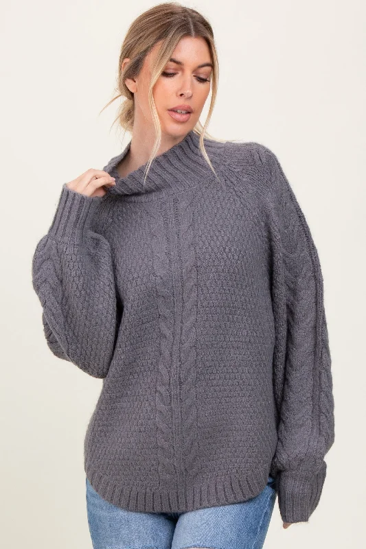 Charcoal Mixed Chunky Cable Knit Mock Neck Sweater Embroidered Appliqued Beaded