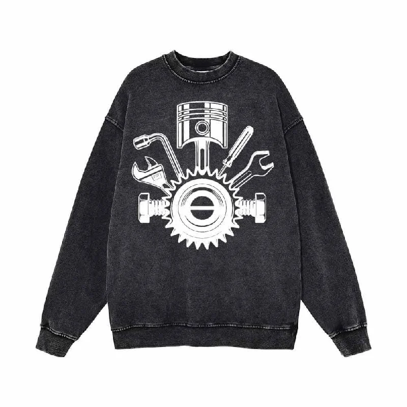 Mechanic Gear Wrenches Pattern Washed Sweatshirt Oversized Hoodie Comfort Casual