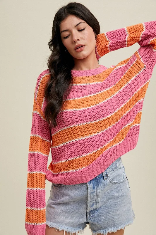 Pink Multi-Striped Sweater Cable Knit Ribbed Knit Lace Knit
