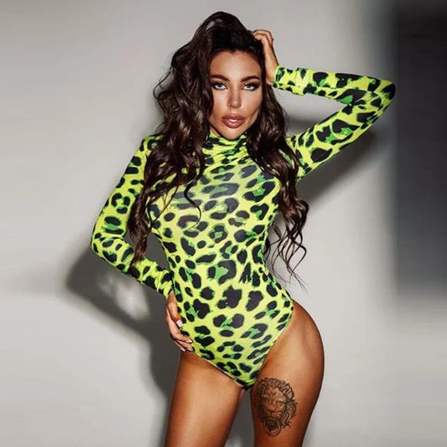 Women Long Sleeve Leopard Skin Prinetd Bodysuit Sexy Neon Green Streetwear Jumpsuit Skinny Leopard Tops Fashion Rompers Comfortable T-shirt Bodysuit