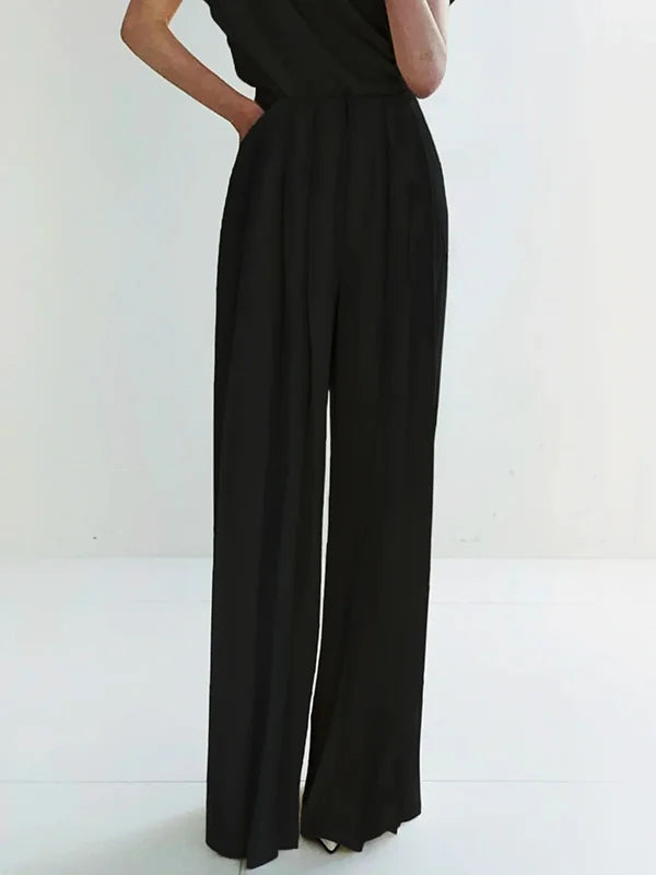 Urban Solid Color Pleats High Waisted Wide Leg Pants  104383 Comfortable Denim Trousers