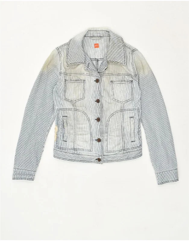 HUGO BOSS Womens Crop Denim Jacket UK 12 Medium Blue Striped Boat Neck Shawl Collar Notched Collar