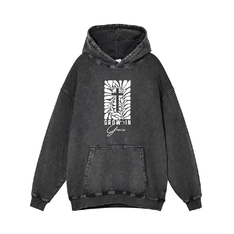 Grow In Grace Cross Vintage Washed Hoodie Hooded Sweatshirt Casual Wear Street Style