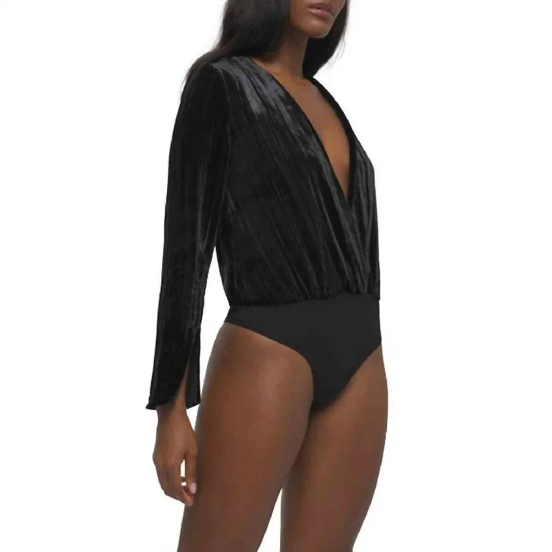 Velvet Wrap V Neck Long Sleeve Bodysuit In Black Stylish Bodysuit with Peplum