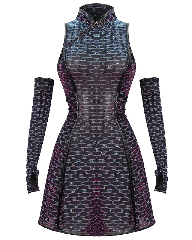 Devil Fashion Womens Cyberdelica Dress & Sleeves Set Tunics stripes playful