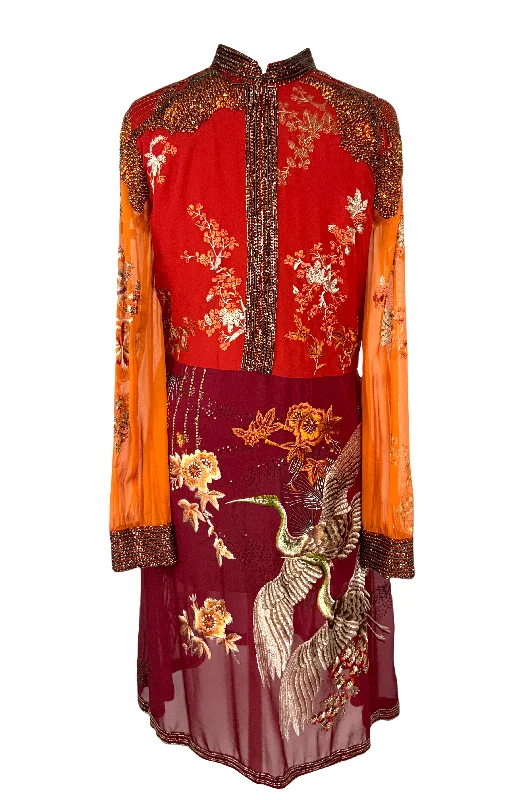 Gucci Floral Embroidered and Beaded Silk Cocktail Dress Size M Square Neckline Feminine