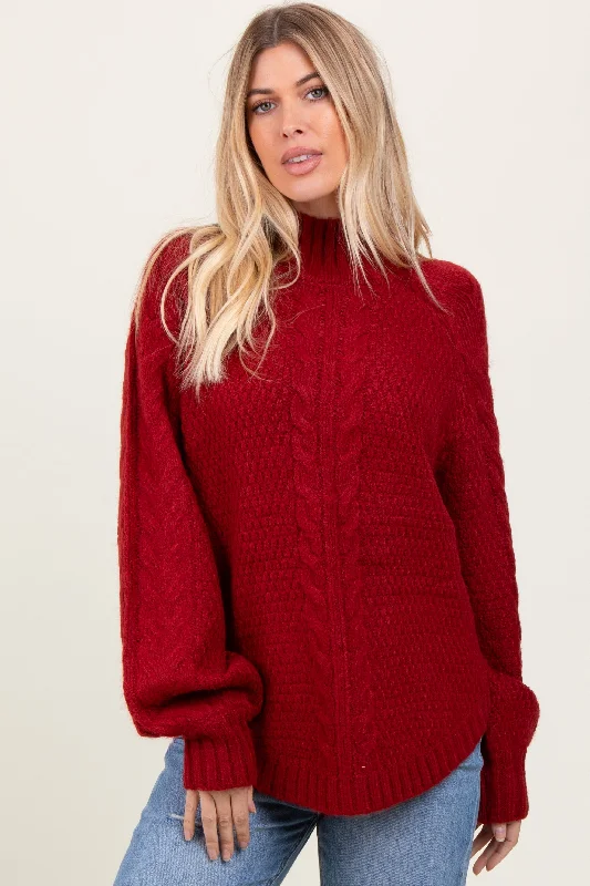 Burgundy Mixed Chunky Cable Knit Mock Neck Sweater Herringbone Houndstooth Plaid