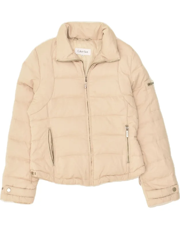 CALVIN KLEIN Womens Crop Padded Jacket UK 6 XS Beige Polyester Print Jacket Jacquard Jacket Patchwork Jacket