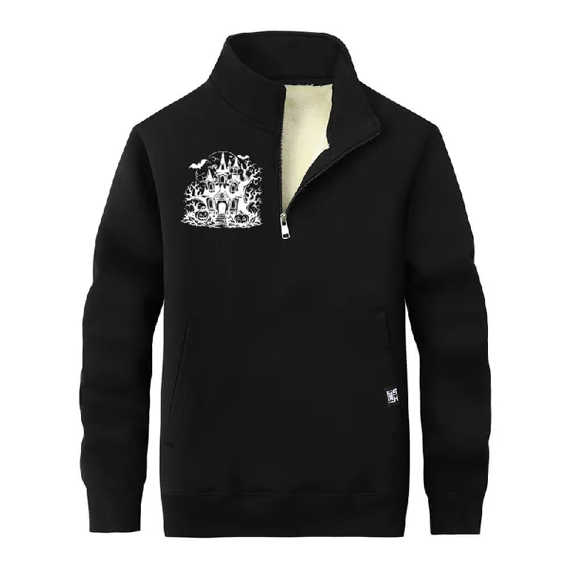 Multicolor Haunted House Collar Zip Fleece Sherpa Sweatshirt Hoodie with Neon Bright Vibrant