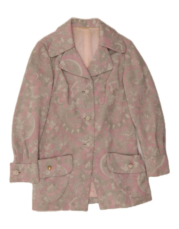 VINTAGE Womens Abstract Pattern 3 Button Blazer Jacket UK 14 Medium Pink Trench Coat Raincoat Waterproof Jacket