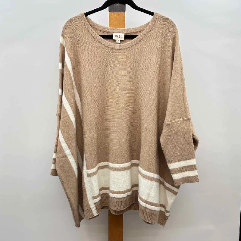 Bib! Women's Size M Tan Stripe Sweater Fleece Sweater Nylon Polyester