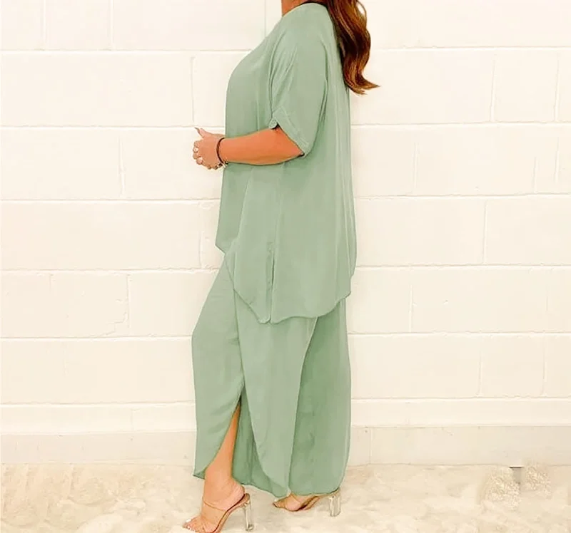 Women 2 Piece Linen Suit Comfortable Short Sleeve And Long Pants B-76594 Modern Stretch Trousers