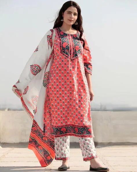 Women Cotton Mix Floral Printed Kurta Pant Dupatta Set - TPS459 Sleek Black Pants