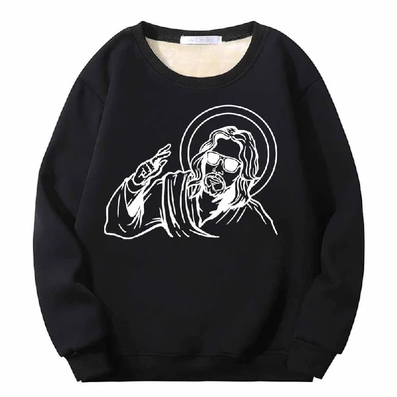 Jesus Wearing Sunglasses Crew Collar Fleece Sherpa Sweatshirt Hoodie with Rolled Sleeves Casual Relaxed