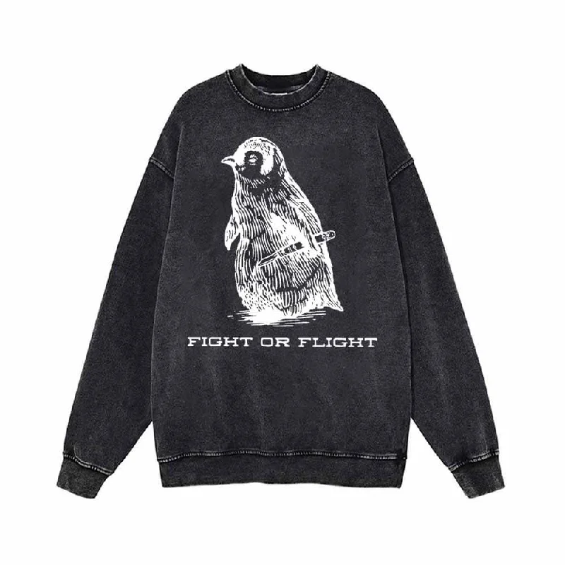 Penguin Fight Or Flight Vintage Washed Sweatshirt Hoodie with Hem Raw Edge Edgy Unfinished