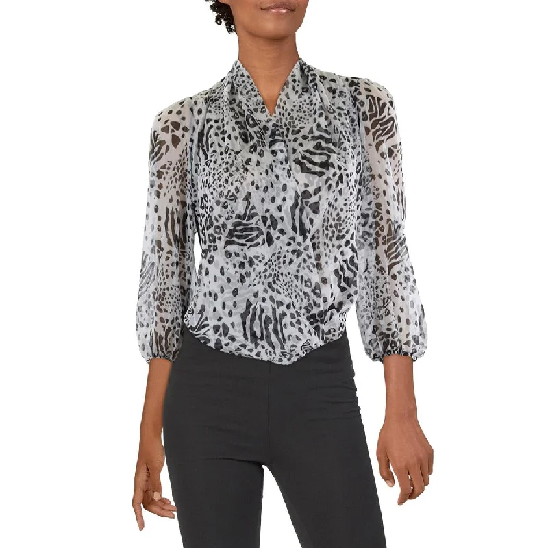 Womens Animal Print Dressy Bodysuit Comfortable Mesh Insert Bodysuit