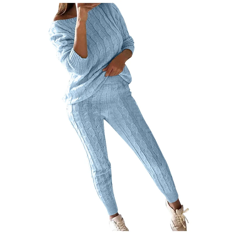 Cozy Baby Blue Cable Knit 2pc Sweater & Leggings Set Bright Pastel Dark
