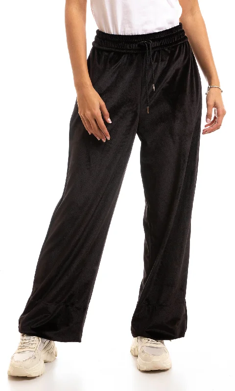 97046 Velvet Elastic Waist Wide Leg Pants - Black Casual Skinny Fit Pants