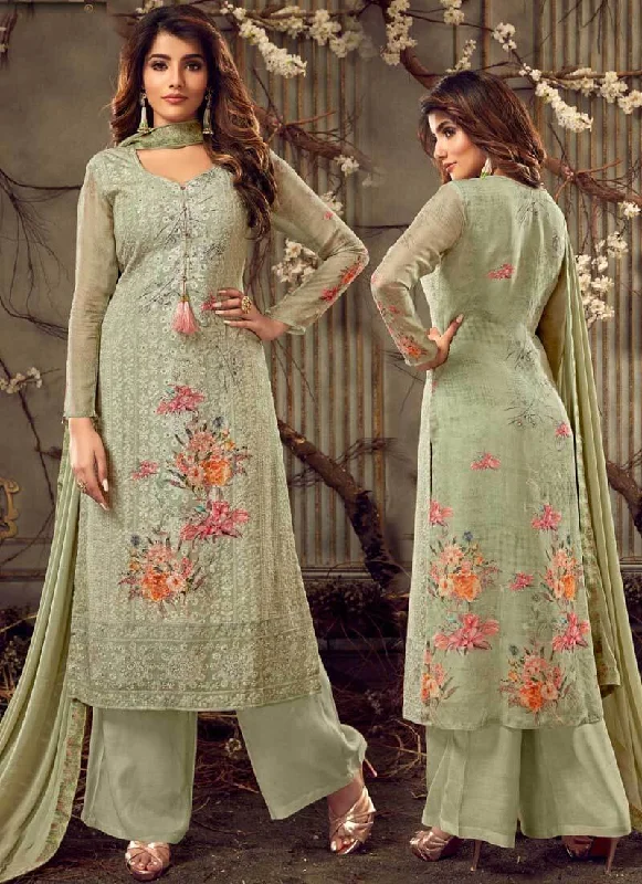 Sea Green Pure Viscose Bemberg Georgette Palazzo Dress Tunics Floral girly