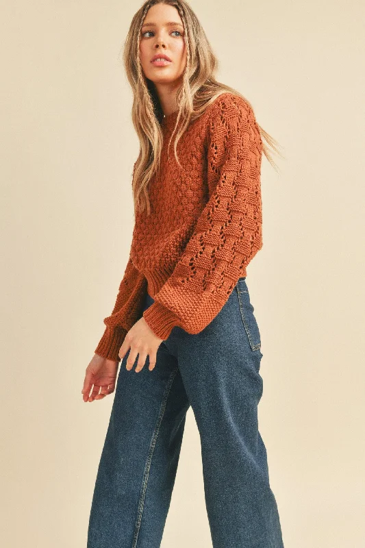 Brick Brown Mixed Pointelle Puff Sleeve Sweater Stretchy Elastic Breathable