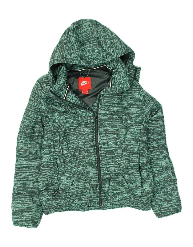NIKE Womens Hooded Padded Jacket UK 18 XL Green Flecked Polyester Cotton Fabric Linen Fabric Terry Fabric