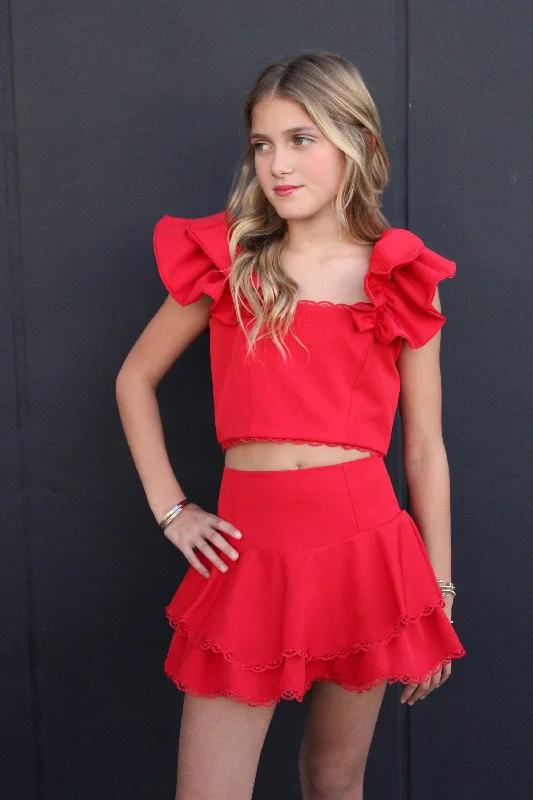 Lace Trim Skirt - Red linen skirt light