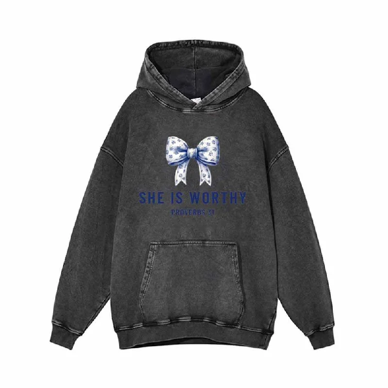 Blue Bow She Is Worthy Vintage Washed Hoodie Hoodie with High Neck Warm Protective