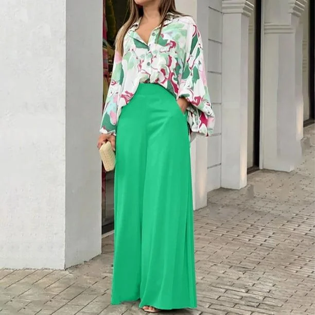 Women Casual Printed Long Sleeve Turndown Neck Tops Collar Long Pants Sets B-53535 Fashionable Button-Up Pants