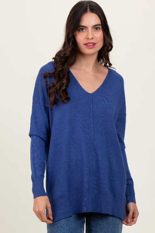 Light Navy Front Seam V-Neck Side Slit Sweater Boat Neck Shawl Collar Notched Collar