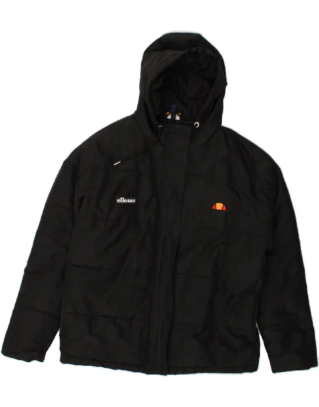 ELLESSE Womens Hooded Padded Jacket UK 10 Small Black Polyester Zip Front Button Front Snap Front