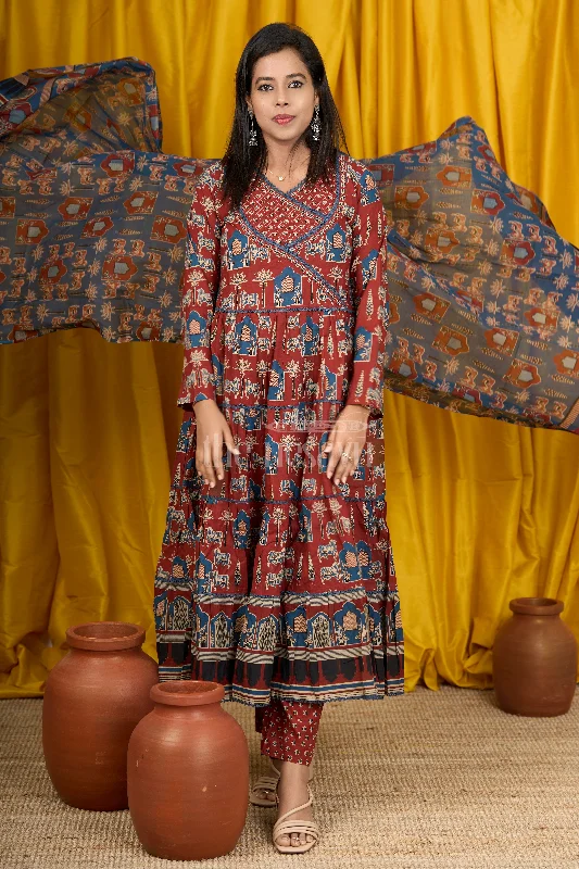 Maroon Cotton Women's Flared Traditional Dress with Temple Motif Dupatta Elegant Long Evening