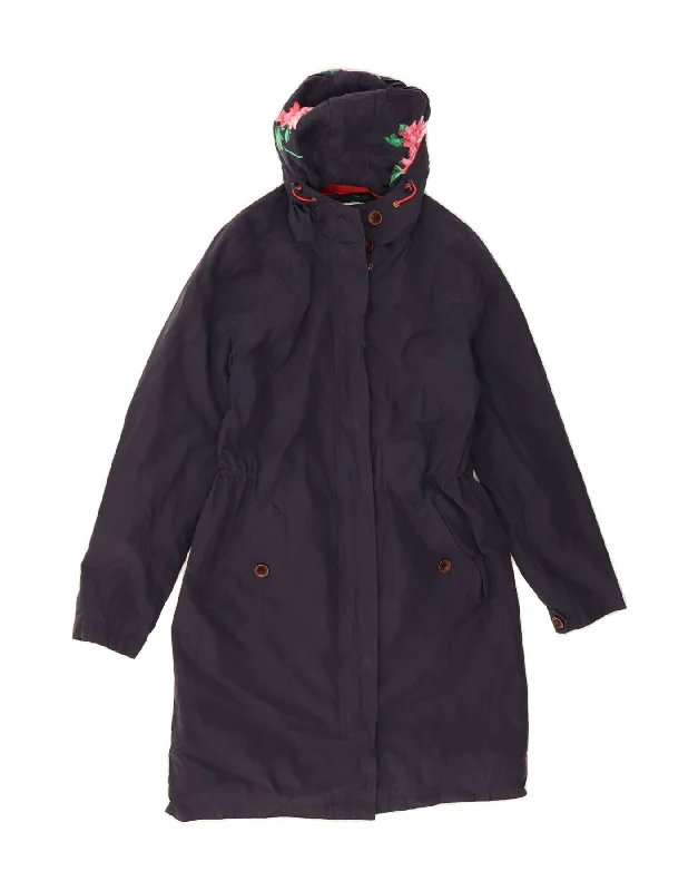 JOULES Womens Hooded Rain Jacket UK 10 Small Navy Blue Cotton Print Jacket Jacquard Jacket Patchwork Jacket