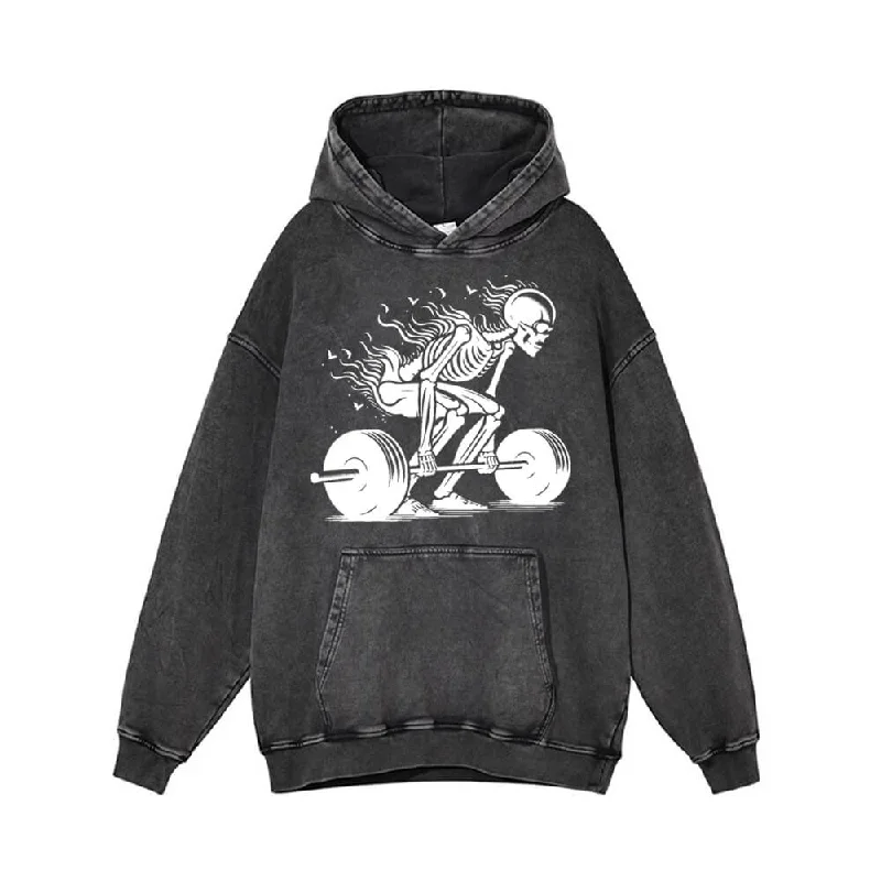 Skeleton Deadlift Barbell Vintage Washed Hoodie Hoodie with Drawcord Adjustable Secure