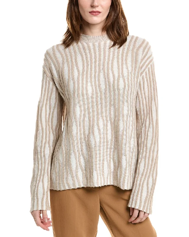 Lafayette 148 New York Textured Stitch Cashmere & Silk-Blend Sweater Mesh Blend Leather Blend Suede Blend