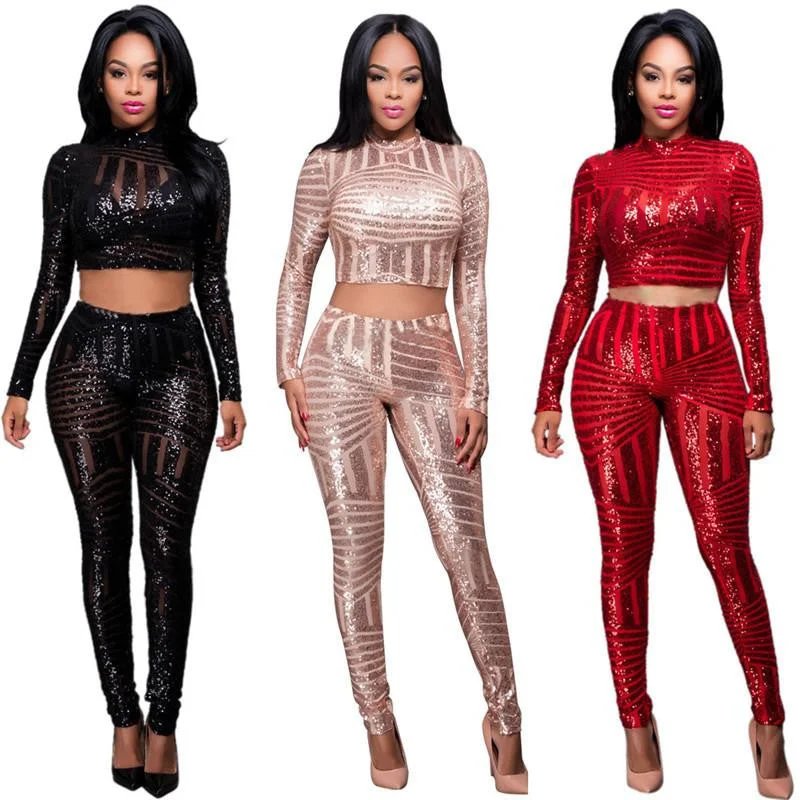 Women Sequined Jumpsuit Mesh See Through Bodysuit Long Sleeve Party Club Jumpsuits Rompers 2 Piece Sets Trendy Sculpting Bodysuit