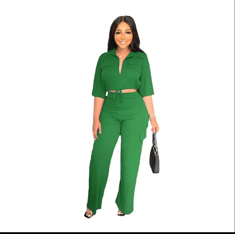 Fashion 2 piece sets women's outfits Casual Solid Lace-up Short Top pant suits M 9849 Relaxed Lounge Trousers