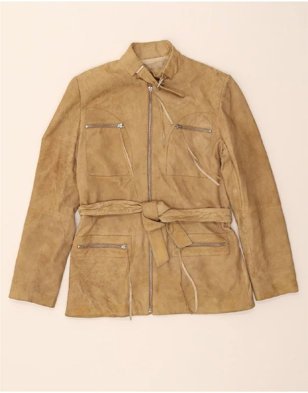 CONBIPEL Womens Suede Jacket IT 42 Medium Brown Leather Striped Jacket Polka Dot Jacket Floral Jacket