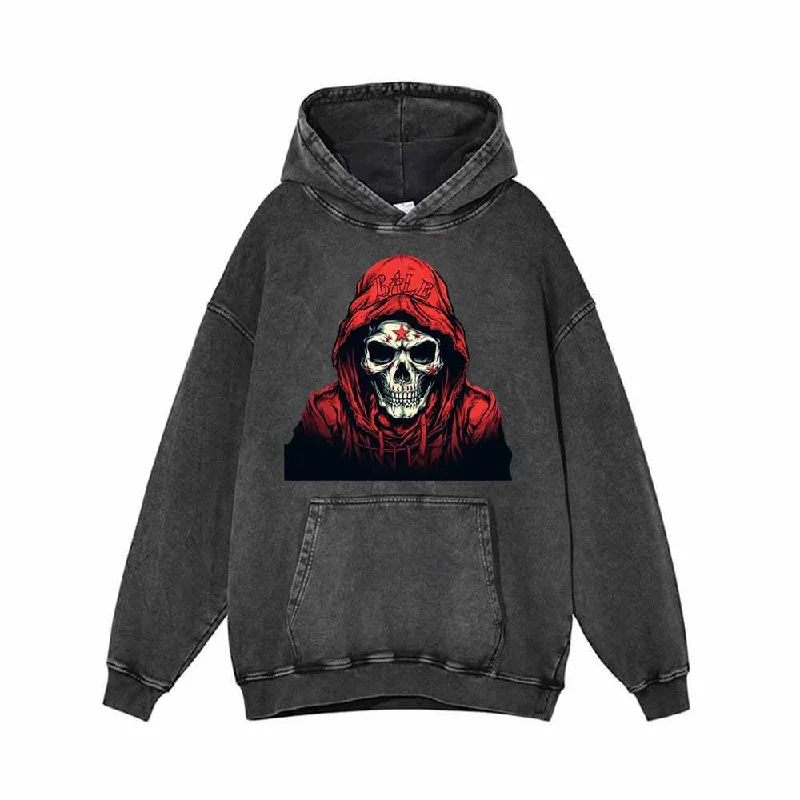 Red Hoodie Skeleton Pattern Vintage Washed Hoodie Hoodie Sweatshirt Pullover