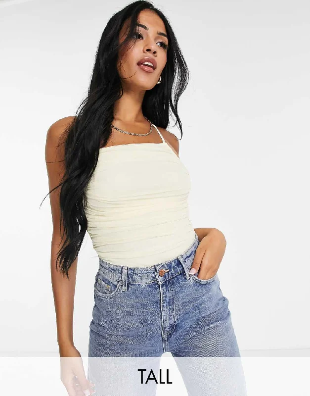 Tall Mesh Ruched Strappy Bodysuit Sand Fashionable Bodysuit with Long Sleeves