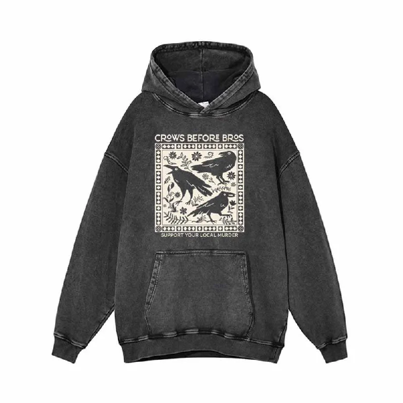 Crows Before Bros Support Your Local Murder Raven Hoodie Hoodie with Hem Frayed Vintage Worn