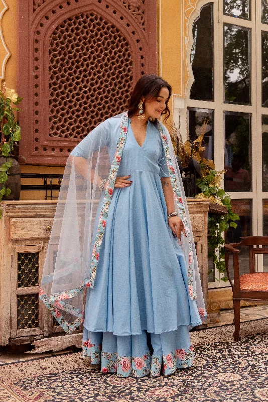 Pomcha Jaipur Gaurangi Powder Blue Cotton Skirt And Angrakha Set linen skirt natural